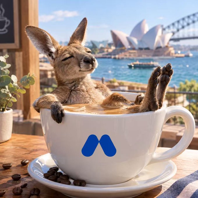 A whimsical AI-generated image of a baby kangaroo relaxing inside a large white coffee cup featuring a blue 'M' logo, with coffee beans scattered around and the Sydney Opera House and Harbour Bridge visible in the background.