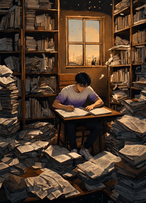 An illustrated scene of a young man with dark hair sitting at a desk writing in a notebook, surrounded by towering stacks of books and papers in a cozy room with a window showing a sunset view.