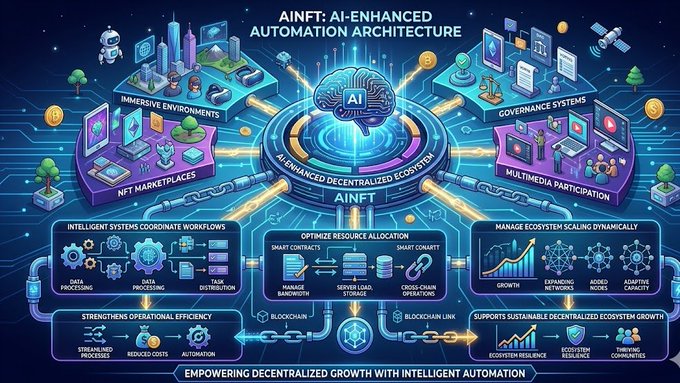 The image features a detailed illustration of an AI-enhanced ecosystem architecture with various elements such as a brain, buildings, trees, and other objects. The text "AINFT AI-enhanced decentralized ecosystem automation architecture" is present at the top of the image. The post emphasizes the importance of automation in managing large-scale ecosystems that include immersive environments, NFT marketplaces, governance systems, and multimedia participation simultaneously.