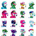 A sprite sheet containing sixteen small pixel-art characters arranged in a 4x4 grid, displaying various colorful outfits and designs typical of RPG or anime-style video games.