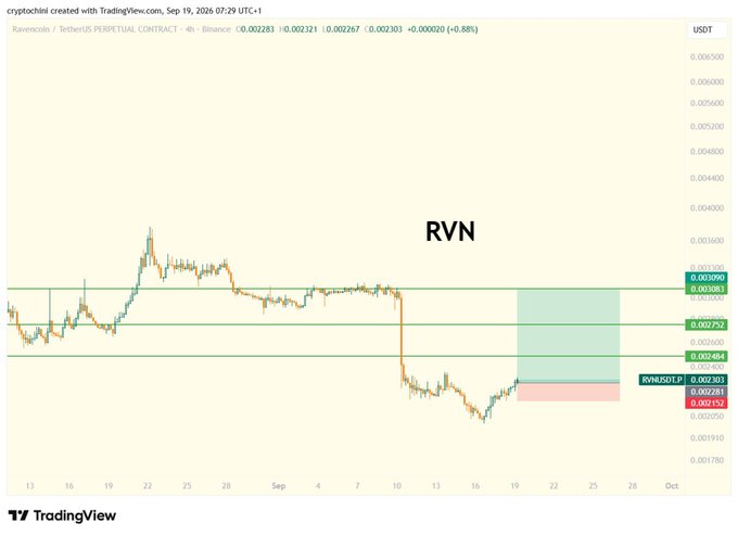 A TradingView chart for Ravencoin / TetherUS Perpetual Contract (RVN/USDT) showing a price drop and a short position setup with green and red target zones.