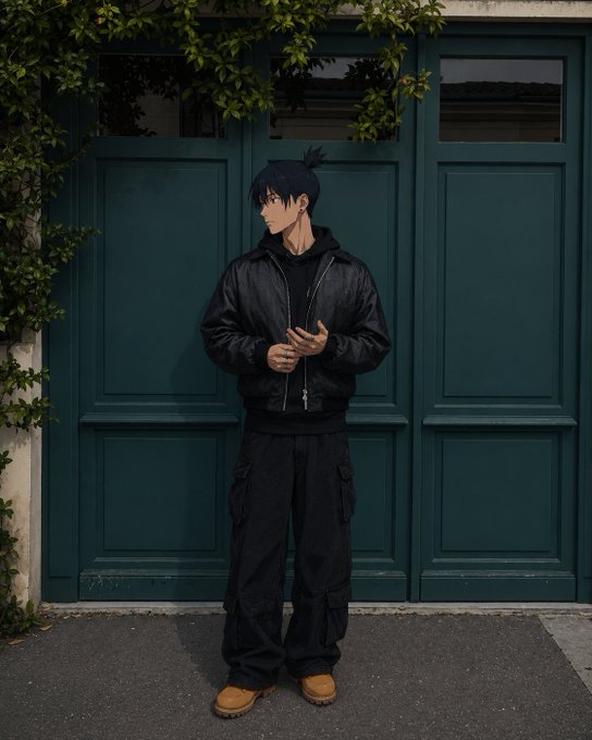 A young man with a topknot hairstyle wearing a black bomber jacket and black cargo pants stands in front of a large dark green paneled door with foliage growing above it.