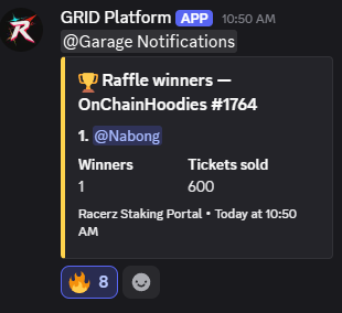 A Telegram notification from the GRID Platform app announcing raffle winners for OnChainHoodies #1764, with @Nabong as the winner from 600 tickets sold.