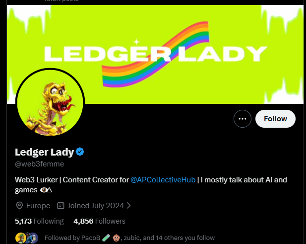 Twitter/X profile for 'Ledger Lady' (@web3femme), a Web3 Lurker and Content Creator for @APCollectiveHub, based in Europe, joined July 2024, with 5,173 Following and 4,856 Followers.