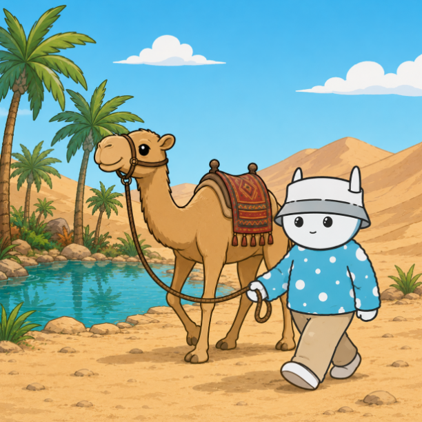 A cartoon illustration shows a small character wearing a white hat and blue polka-dot sweater leading a saddled camel through a desert oasis with palm trees.