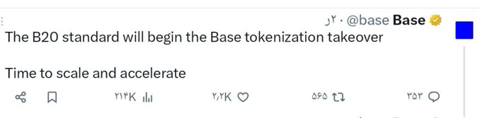 A tweet from '@base' with a verified checkmark states, 'The B20 standard will begin the Base tokenization takeover. Time to scale and accelerate.'