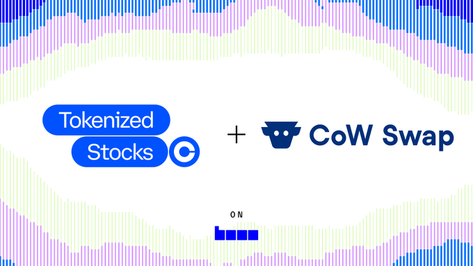 A promotional graphic with blue and pink pixelated borders displaying 'Tokenized Stocks' on the left and 'CoW Swap' logo on the right, with 'ON' text below.