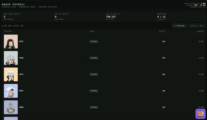 A screenshot of the "HAGLE PAYROLL" interface for the "ZAIATSU CRYPTO-METHODOLOGY CHAIN - TIMECARD EMISSION" project, showing DRS in wallet balances (750,137), MAINFRANCE at 0/11, and a payroll timecard list of cartoon avatars in queue status. The display visually represents the digital payroll dashboard being praised in the accompanying "$Zaibatsu" community post.