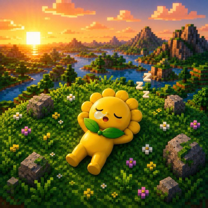 A 3D-rendered Minecraft-style scene showing a cute yellow flower character sleeping on grass with 'Z' symbols, set against a sunset landscape.