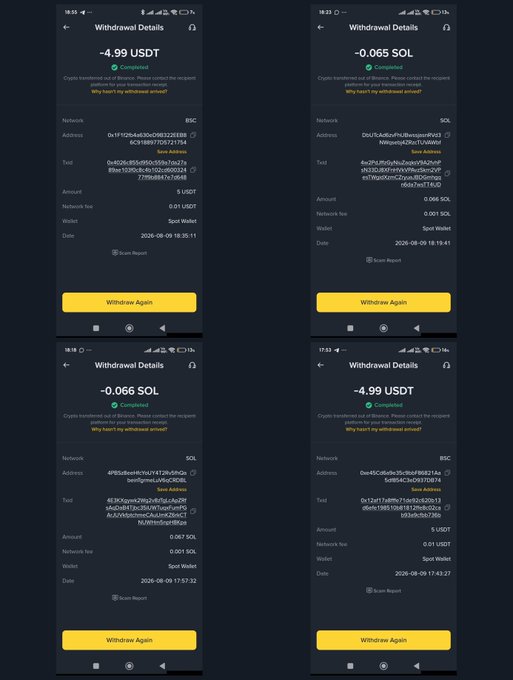 The image shows four cryptocurrency withdrawal confirmation screenshots: two successful withdrawals of -4.99 USDT and two of -0.065 SOL, all marked as "Completed" from a Spot Wallet. The image serves as "proof" or "screenshots" (ss) to verify the giveaway winners mentioned in the post, showing that the user actually sent crypto (USDT and SOL) to the tagged recipients.