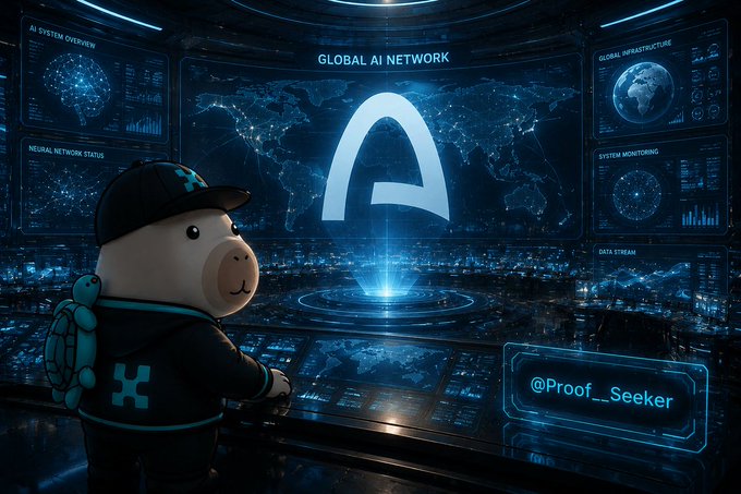 A digital artwork depicts a cartoon capybara character wearing a black cap and hoodie with an 'X' logo, a small turtle companion on its shoulder, and the username '@Proof_Seeker,' standing before a futuristic command center with screens showing 'GLOBAL AI NETWORK' and 'NEURAL NETWORK STATUS.'