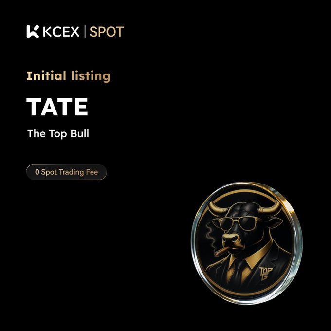 A KCEX Spot exchange promotional graphic announcing the initial listing of the TATE token, subtitled 'The Top Bull,' with 0 Spot Trading Fee.