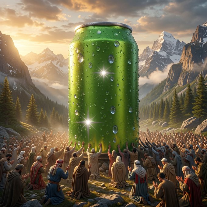 A dramatic digital artwork showing a large glowing green soda can surrounded by a crowd of robed figures worshipping it in a mountainous landscape at sunset.