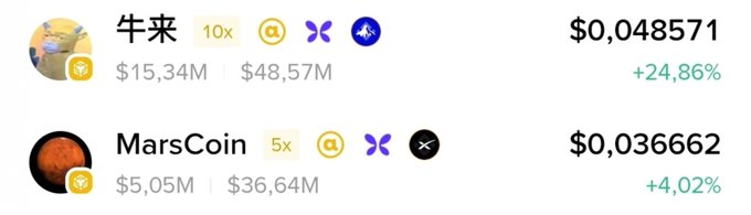 The image displays cryptocurrency data for 牛来 (priced at $0.048571, with a $48.57M market cap and +24.86% gain) and MarsCoin (priced at $0.036662, with a $36.64M market cap and +4.02% gain), illustrating the post's point about these top BSC memes still failing to reach $100M market cap despite their Binance Alpha listings.