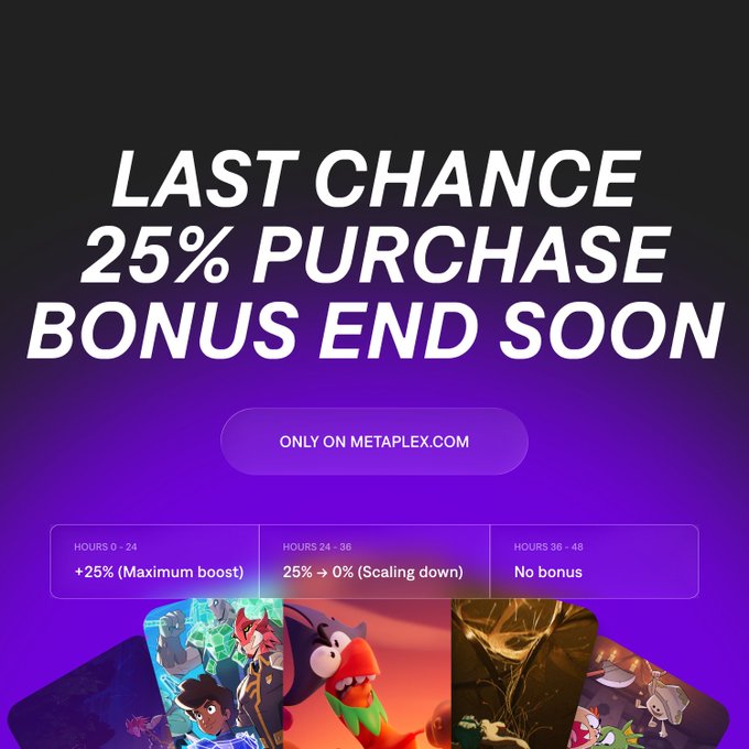 Promotional graphic for Metaplex advertising a "LAST CHANCE 25% PURCHASE BONUS END SOON," with a tiered schedule showing +25% bonus for hours 0-24, scaling down from 25% to 0% during hours 24-36, and no bonus for hours 36-48, visually reinforcing the urgent deadline mentioned in the post about the $HEEBOO bonus starting to decrease in one hour.