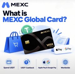 An advertisement for MEXC Global Card featuring a black Visa card with text 'What is MEXC Global Card?' and icons for spending USDT, USDT cashback, Apple Pay & Google Pay, and worldwide use.