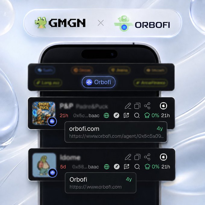 A promotional graphic for 'GMGN × ORBOFI' collaboration showing an app interface with tabs for 'Langvu,' 'Orbofi,' 'Astrae,' 'Solscan,' and 'Arcafinance,' displaying assets like 'Padre&Puck' and 'idome' linked to orbofi.com.