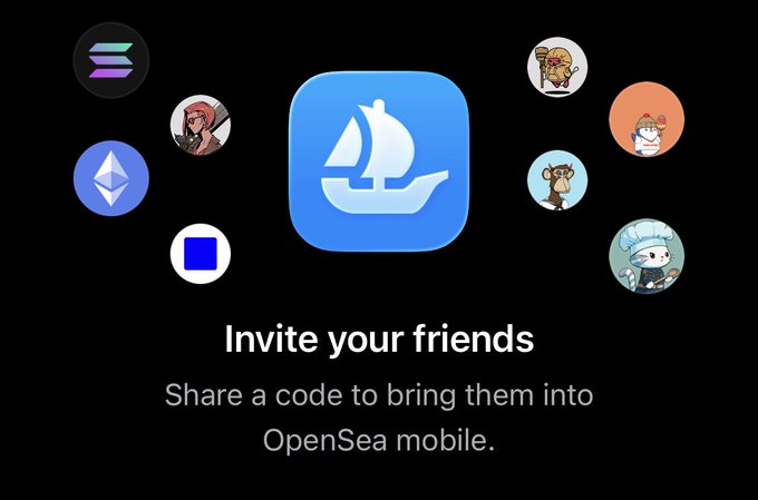 OpenSea mobile app promotional screen with the OpenSea sailboat logo and text 'Invite your friends - Share a code to bring them into OpenSea mobile,' surrounded by various NFT profile icons.