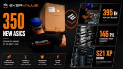 The image is a promotional graphic for "EVERVALUE" highlighting their new ASIC miner, featuring a man loading equipment alongside key specifications: "350 NEW ASICS," "395 TH/s PER RIG POWER," "14G PH HASHRATE," and "S21 XP HYDRO." It visually reinforces the post's theme by showcasing tangible, physical mining infrastructure rather than abstract metrics, emphasizing real-world hardware investment behind their Bitcoin mining operations.