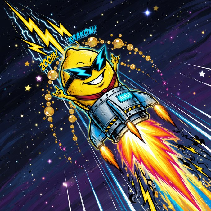 A vibrant cartoon illustration of an anthropomorphic lemon wearing blue star-shaped sunglasses and a red scarf, riding a rocket with the word "BLAST" on it through a starry space background, with comic-style text reading "ZOOM!" and "KRAKOW!".