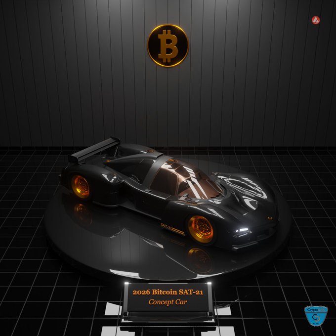 A sleek black concept car with orange-gold wheels displayed on a circular platform, with a Bitcoin logo on the wall behind it and a placard reading '2026 Bitcoin SAT-21 Concept Car'.