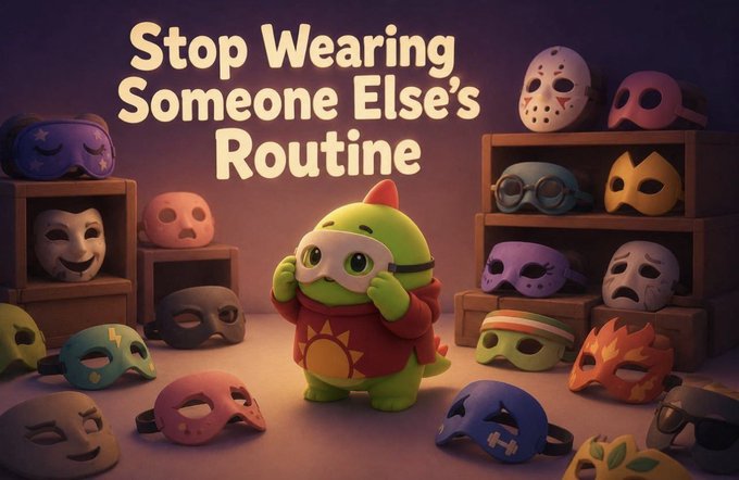 A 3D-rendered green dinosaur character trying on a white mask, surrounded by various colorful masks on shelves, with the text 'Stop Wearing Someone Else's Routine'.