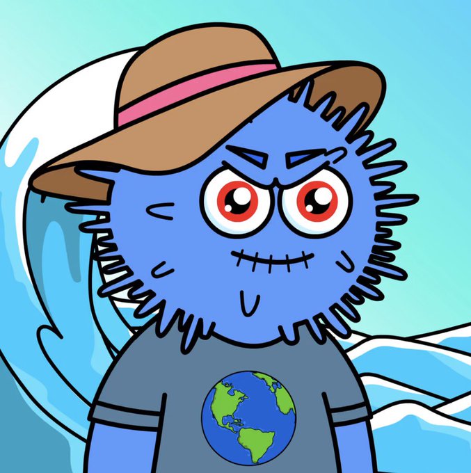 An illustration of a fierce-looking blue monster mascot wearing a brown hat and a shirt with an Earth globe emblem, set against a sky and wave background.