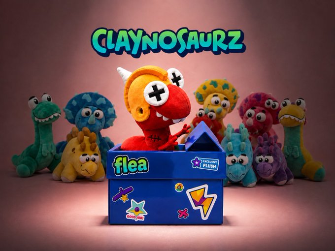 A promotional image for 'CLAYNOSAURZ' displaying colorful clay dinosaur figures with googly eyes around a blue box labeled 'flea' and 'Exclusive PLUSH', set against a pink backdrop.