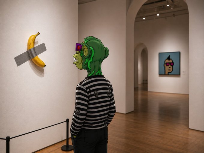 A green humanoid character with a mohawk views a banana taped to a white wall in an art gallery, with another framed artwork visible in the background.