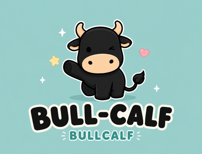 A cute cartoon black bull-calf character winks playfully beneath the bold "BULL-CALF" logo with "BULLCALF" displayed below. The mascot's cheerful pose and celebratory stars and heart reflect the post's positive sentiment about the $bullcalf token's strong momentum and growing community attention on Solana.