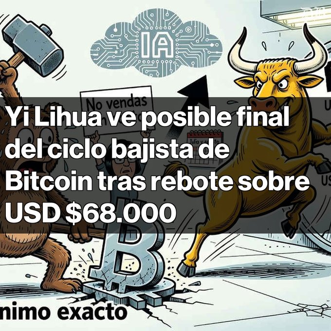 A cartoon illustration featuring a bull, a bear holding a hammer, and a Bitcoin symbol, with Spanish text reading 'Yi Lihua ve posible final del ciclo bajista de Bitcoin tras rebote sobre USD $68.000' and a 'No vendas' protest sign.