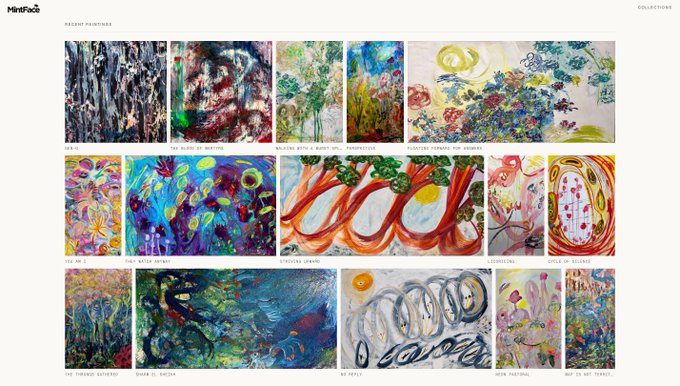 A gallery webpage titled 'MintFace' displaying a collection of vibrant, abstract paintings with titles like 'RAIN II', 'CACTUS FLOWER', and 'THE THREADS GATHERED'.