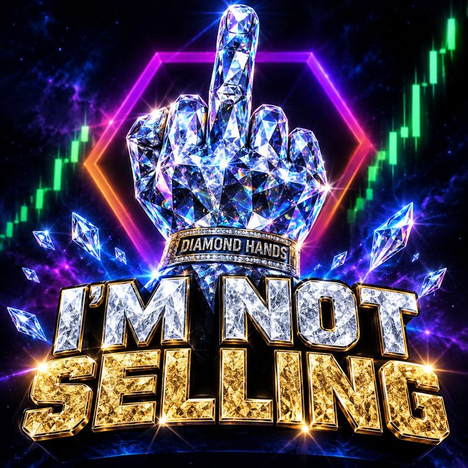 A flashy digital graphic featuring a crystal hand wearing a 'DIAMOND HANDS' ring, with bold 'IM NOT SELLING' text below against a neon background with green candlestick chart patterns.
