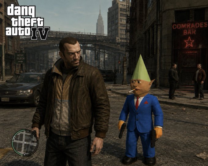 A promotional image styled like a 'Gang Theft Auto IV' video game cover features a man in a leather jacket standing on a city street next to a small character in a blue suit with a green cone-shaped head, with 'COMRADES BAR' and a red star visible in the background.
