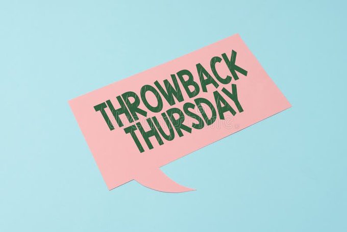 A pink speech bubble on a light blue background containing the text 'THROWBACK THURSDAY' in dark green letters.
