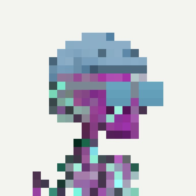 A pixel art character wearing a blue cap and purple visor rendered in a blocky retro style against a white background.