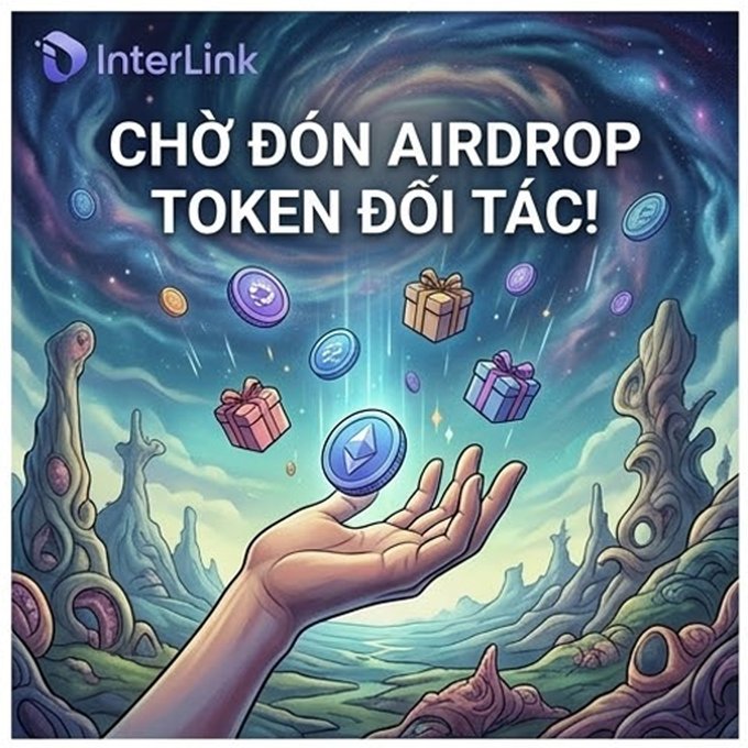 An InterLink promotional image with the Vietnamese text 'CHỜ ĐÓN AIRDROP TOKEN ĐỐI TÁC!' showing a hand catching falling crypto coins and gift boxes against a surreal, fantasy landscape background.