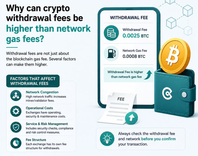 An infographic titled 'Why can crypto withdrawal fees be higher than network gas fees?' explains factors like network congestion, operational costs, security, and fee structure. It shows a withdrawal fee of 0.0025 BTC compared to a network gas fee of 0.0008 BTC.