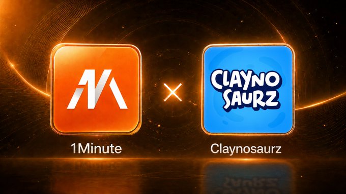 A promotional collaboration graphic showing the logos for '1Minute' and 'Claynosaurz' separated by an 'x' against a dark, glowing orange background.