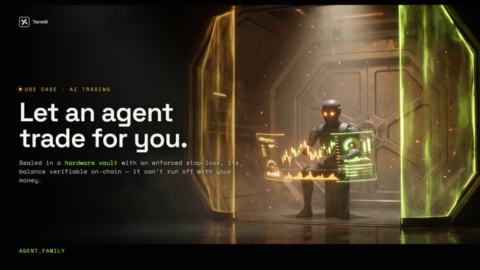 The image is a promotional graphic for TermiX featuring the headline "Let an agent trade for you" with the tagline "Sealed in a hardware vault with an enforced stop-loss, its balance verifiable on-chain — it can't run off with your money," alongside a humanoid robot figure with glowing red eyes standing behind holographic trading charts and data displays inside a glowing yellow and green vault-like enclosure. The accompanying post explains that TermiX's AI trading agent operates within a hardware-isolated vault where API keys remain encrypted, directly reinforcing the image's visual metaphor of a secure, sealed environment where automated trading can occur safely without the risk of funds being drained.