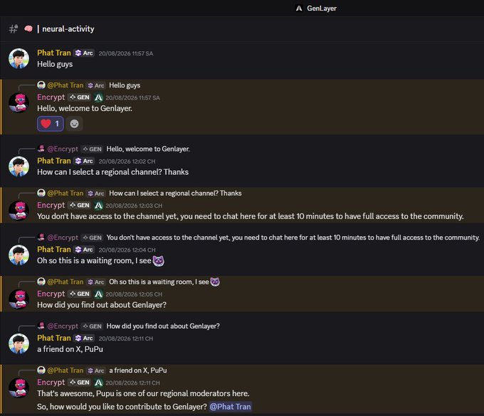 A Discord chat screenshot from the 'neural-activity' channel in the GenLayer server, showing a conversation between Phat Tran and the GEN bot (Encrypt) about how to access regional channels, with timestamps from 20/08/2026.