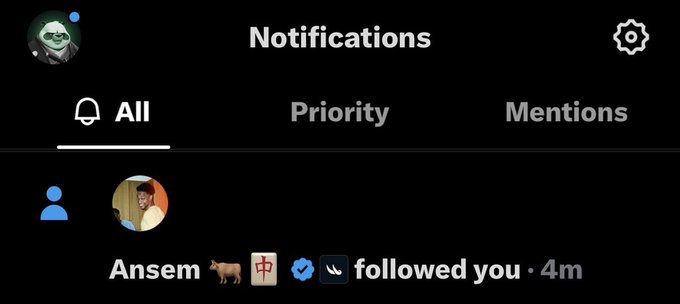 A mobile notifications screen shows that "Ansem" followed the user 4 minutes ago, with the post celebrating the notification as if it were worth over $10k worth of value tied to the $ANSEM ticker.