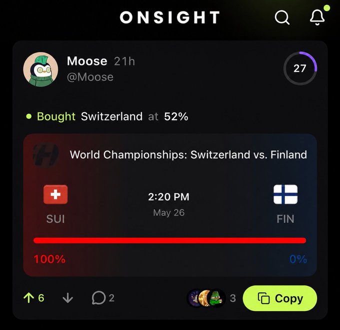 The image presents a snapshot of someone's social media feed, where they have posted about a sports event between two countries, Switzerland and Finland. The post shows the score and time remaining for the game. There are also comments from friends on the post. A button can be seen in the bottom right corner that allows users to copy the post or interact with it directly by pressing either "COPY" or "MORE". Overall, the image provides an insight into how social media platforms like Onsight allow users to share and engage with various content related to sports events and other topics.
