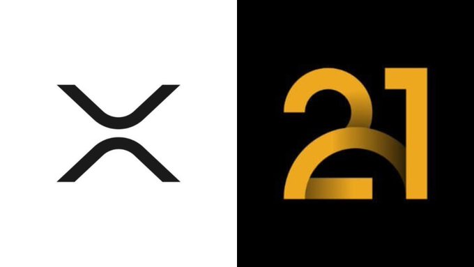 The image displays the XRP logo on a white background alongside a gold "21" logo on a black background, representing 21Shares' bullish outlook on XRP. The pairing of these two logos visually connects the asset manager (21Shares) to the cryptocurrency (XRP) discussed in the accompanying post about its potential as "financial plumbing" and the $2.69 bull-case target.