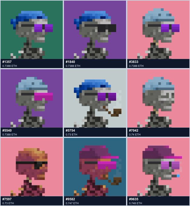 A grid of nine pixel-art skeleton NFT portraits with colorful bandanas and sunglasses, each labeled with a number and ETH price ranging from approximately 0.73 to 0.75 ETH.
