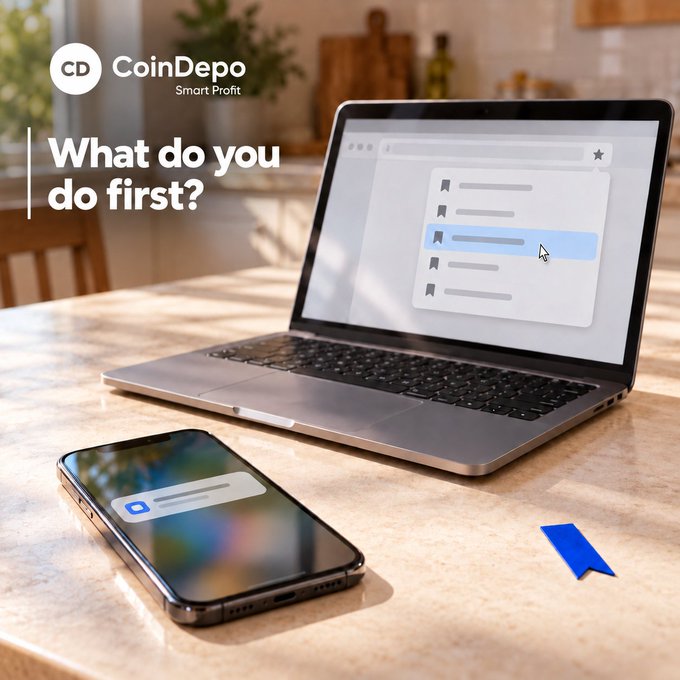 A laptop and smartphone sit on a kitchen counter, with the CoinDepo logo and tagline "Smart Profit" in the top corner alongside the prompt "What do you do first?"—visually setting up a phishing awareness scenario where a suspicious account message has appeared on one of the devices.