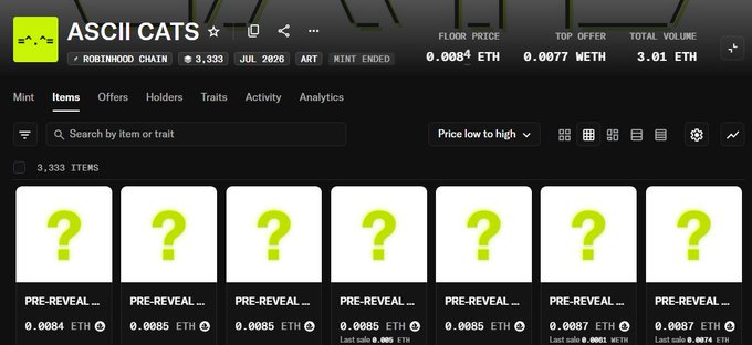 OpenSea marketplace page for the 'ASCII CATS' NFT collection on Robinhood Chain, showing 3,333 pre-reveal items listed at approximately 0.0084 ETH each.