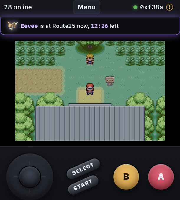 A mobile emulator displaying a Pokémon game (28 online) with the message 'Eevee is at Route25 now, 12:26 left' and virtual gamepad controls at the bottom.