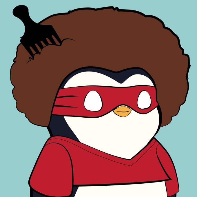 A cartoon illustration of a penguin character with a large brown afro, a red mask, and a red cape, featuring a black hair pick stuck in its hair.