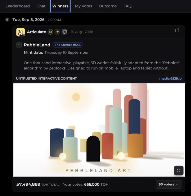 A screenshot of an Articulate platform Winners page showing a project called 'PebbleLand' with '57,494,889 TDH TOTAL' and '666,000 TDH' in votes.